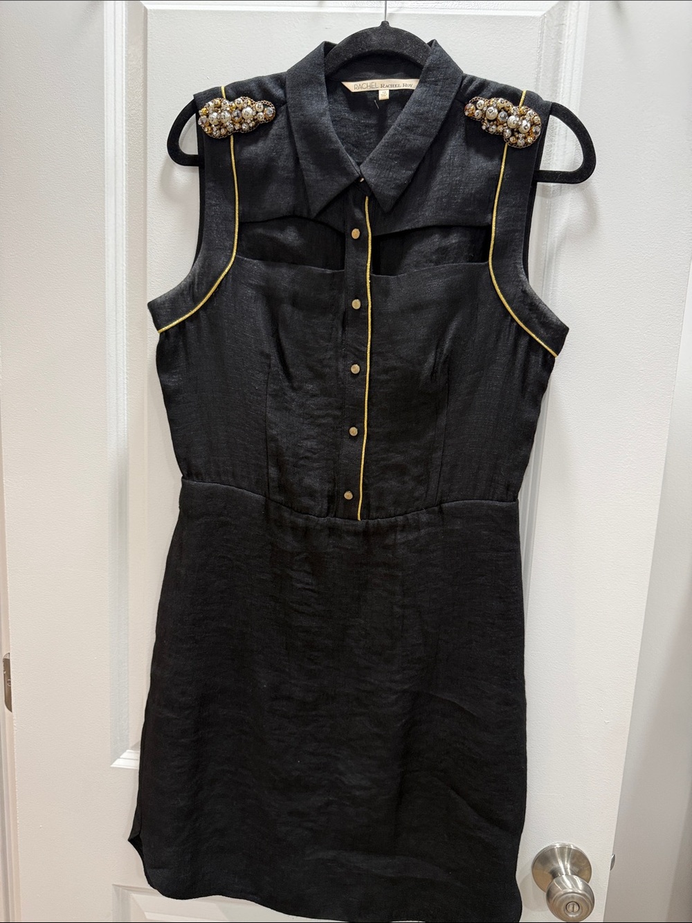 RACHEL Rachel Roy Black Sleeveless Mini Dress with Gold Trim & Beaded Shoulders
